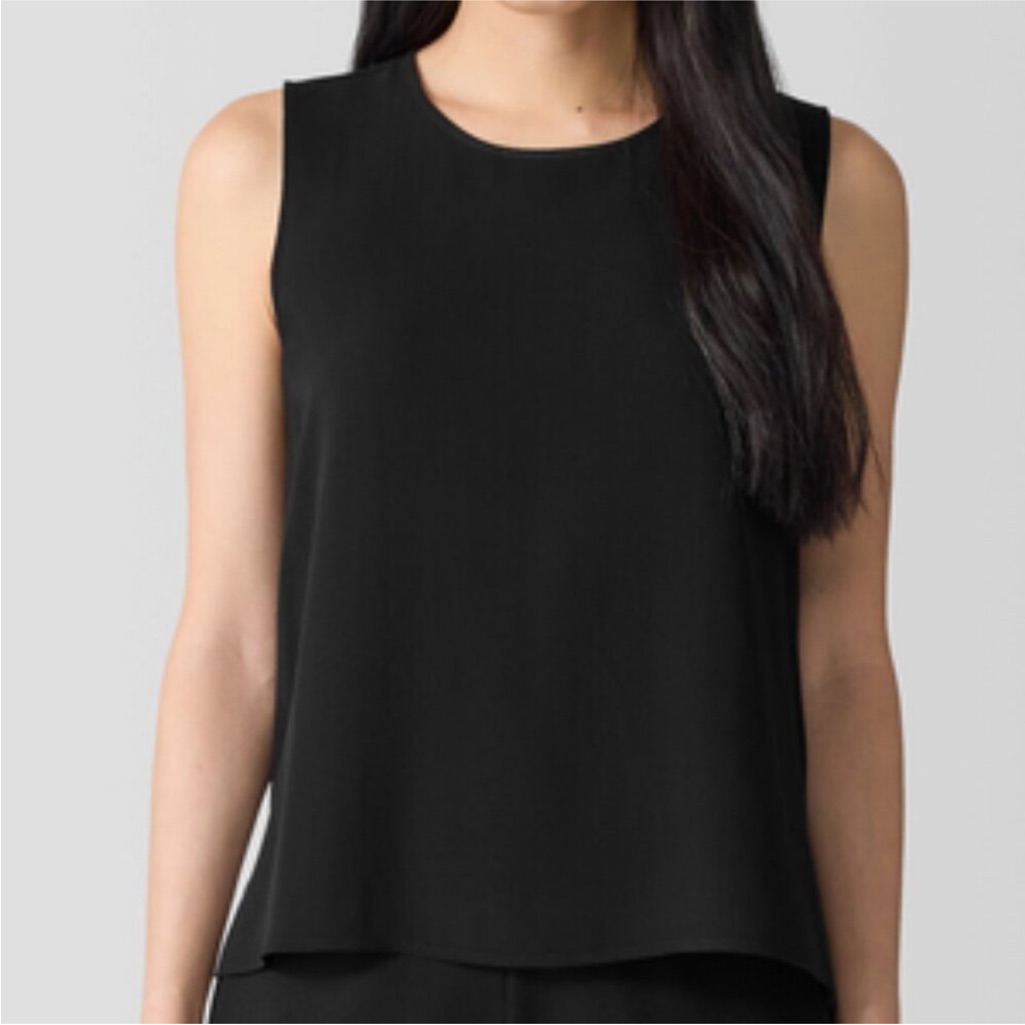 Eileen Fisher Black Silk Georgette Crepe Round Neck Tank
